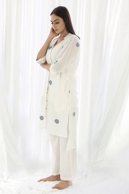 Shop_Khat_White Handloom , Collared Polka Pattern Shirt Kurta And Pant Set _Online_at_Aza_Fashions