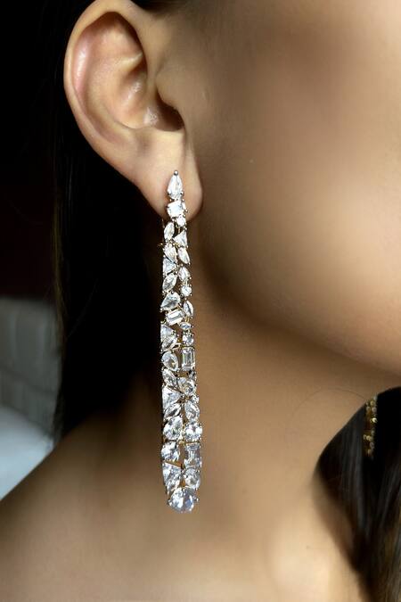 Shop The Jewel Factor Gold Plated Stones, Crystals Embellished Long Earrings Online at Aza Fashions Shop_The Jewel Factor_Gold Plated Stones, Crystals Embellished Long Earrings_Online_at_Aza_Fashions