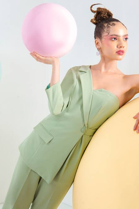 Shop_Pocketful Of Cherrie_Green Crepe One Shoulder Asymmetric Solid Jumpsuit_Online_at_Aza_Fashions