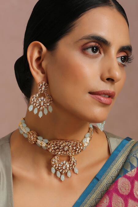 Swabhimann_Blue Diamonds, Pearls Bead Drop Choker Set _Online_at_Aza_Fashions