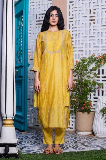 Shop_Tatwa_Yellow Handloom Cotton, Viscose, Silk Embroidery Round Resham Kurta And Pant Set _Online_at_Aza_Fashions