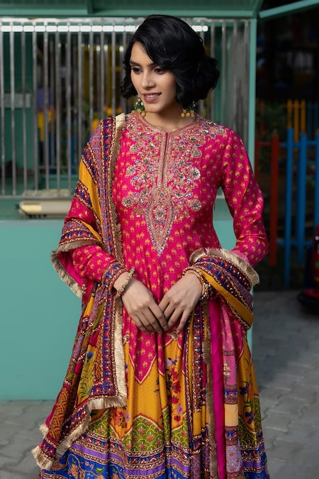 Shop Irrau By Samir Mantri Multi Color Chiffon, Silk, Denim Embroidery, Tassels, Flower Print Anarkali Set Online at Aza Fashions Shop_Irrau By Samir Mantri_Multi Color Chiffon, Silk, Denim Embroidery, Tassels, Flower Print Anarkali Set _Online_at_Aza_Fashions