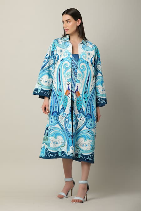 Limerick By Abirr N' Nanki_Multi Color Crepe Embroidery Collared Valentia Long Printed Jacket _Online_at_Aza_Fashions