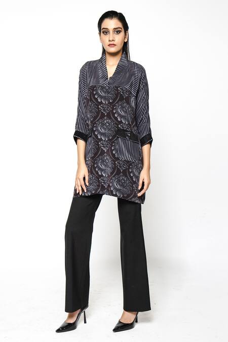 Shop_Anmol Kakad_Black Crepe Silk Strobe Damask Floral Pattern Shirt_Online_at_Aza_Fashions