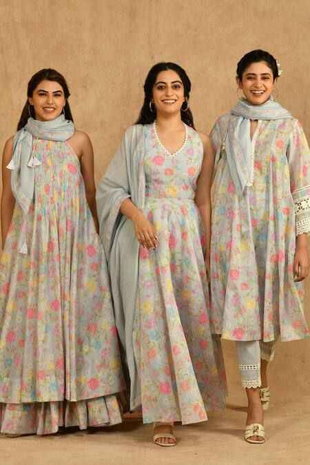 Shop_Ekavira_Grey Chanderi Lace Keyhole Neck A-line Kalidar Printed Kurta Set_Online_at_Aza_Fashions