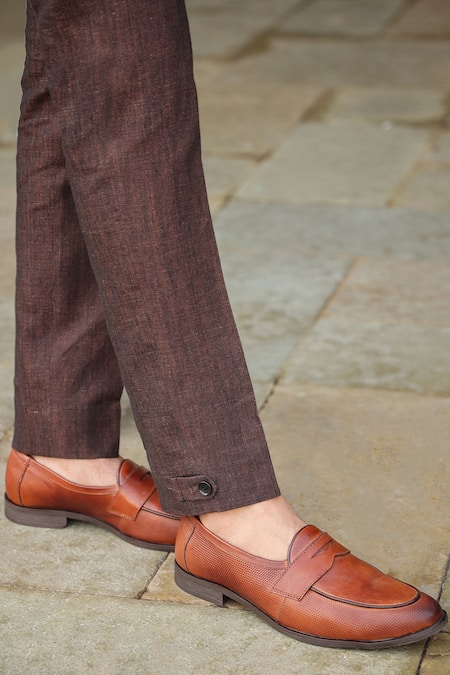Shop_Raw & Rustic By Niti Bothra_Brown Linen Solid Handcrafted Straight Pant _Online_at_Aza_Fashions