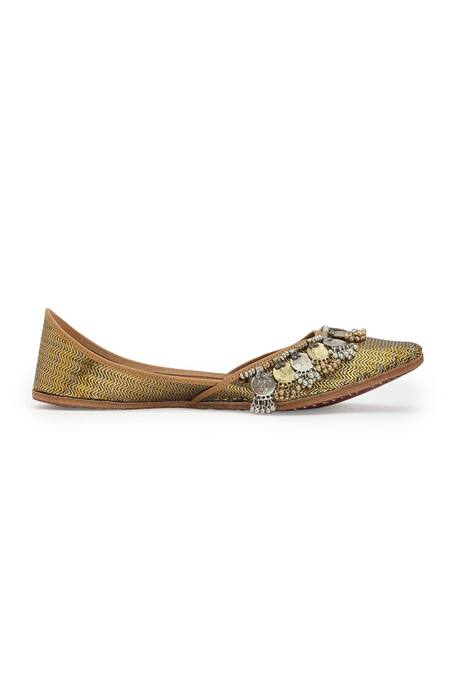 Shop 5elements Gold Brocade Coin Embellished Juttis Online at Aza Fashions Shop_5elements_Gold Brocade Coin Embellished Juttis _Online_at_Aza_Fashions