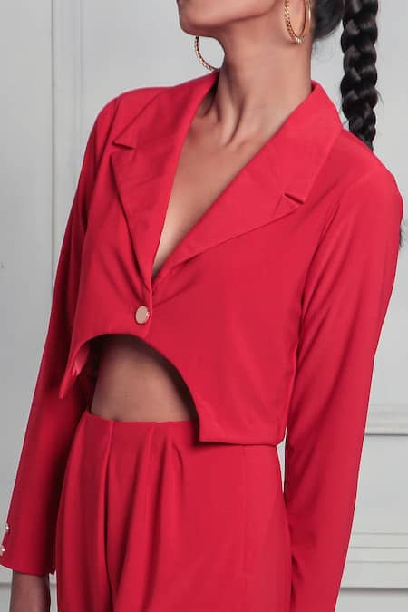 Shop_Couché By Anandini_Red Pashmina Embroidery Punto Solid Blazer And Pant Set _Online_at_Aza_Fashions