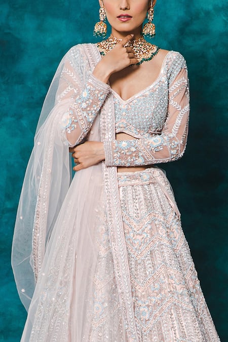Shop_Mehar_Pink Net Sequins, Cut Work Sweetheart Floral Hand Embroidered Bridal Lehenga Set _Online_at_Aza_Fashions