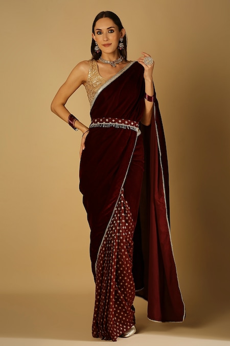 Festival Wear Designer Velvet Wine Lace Border Saree With Blouse And Belt