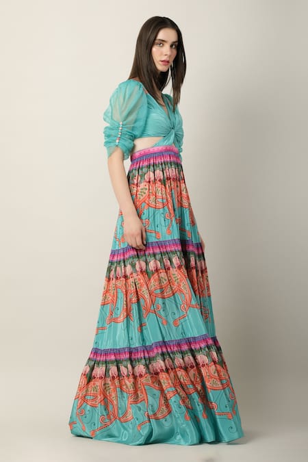 Buy Limerick By Abirr N' Nanki Multi Color Crepe V-neck Sheeba Twist Front Maxi Dress Online at Aza Fashions Buy_Limerick By Abirr N' Nanki_Multi Color Crepe V-neck Sheeba Twist Front Maxi Dress _Online_at_Aza_Fashions