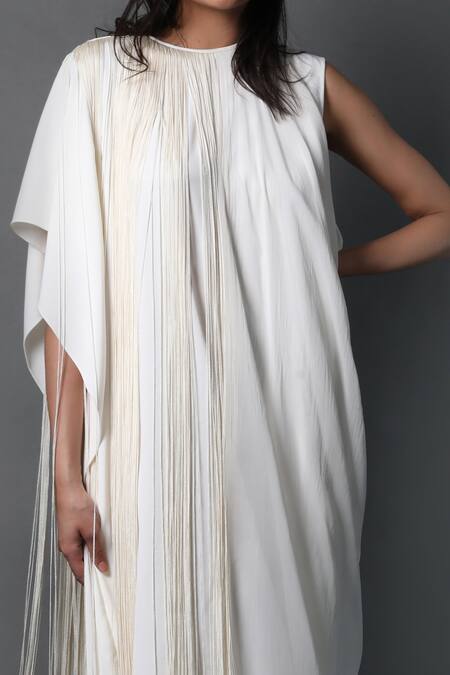 Shop Swatee Singh White Crepe Fringe Round Neck Asymmetric Dress Online at Aza Fashions Shop_Swatee Singh_White Crepe Fringe Round Neck Asymmetric Dress _Online_at_Aza_Fashions