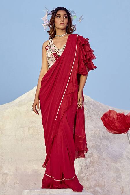 Shop_Nikita Vishakha_Red Organza, Georgette, Jacquard Embroidery V-neck Hand Saree With Blouse _Online_at_Aza_Fashions