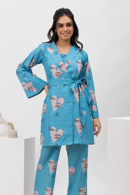 Shop_Dawn And Dusk_Blue Cotton V-neck All Eyes On You Print Blazer Set_Online_at_Aza_Fashions