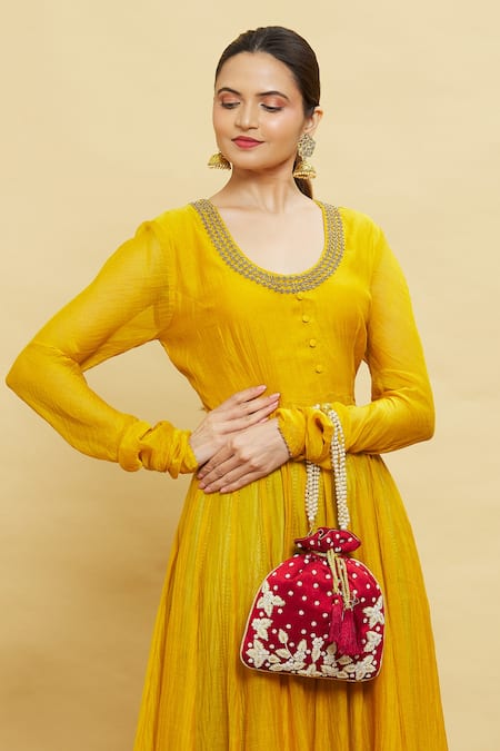 Shop Nazaakat By Samara Singh Maroon Embroidery Floral Potli Online at Aza Fashions Shop_Nazaakat By Samara Singh_Maroon Embroidery Floral Potli _Online_at_Aza_Fashions