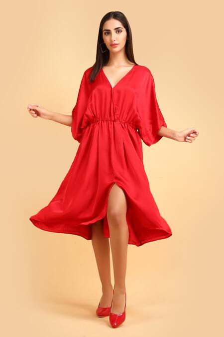 Shop_Label Ivish_Red Silk, Satin V-neck Gathered Batwing Sleeve Midi Dress _Online_at_Aza_Fashions