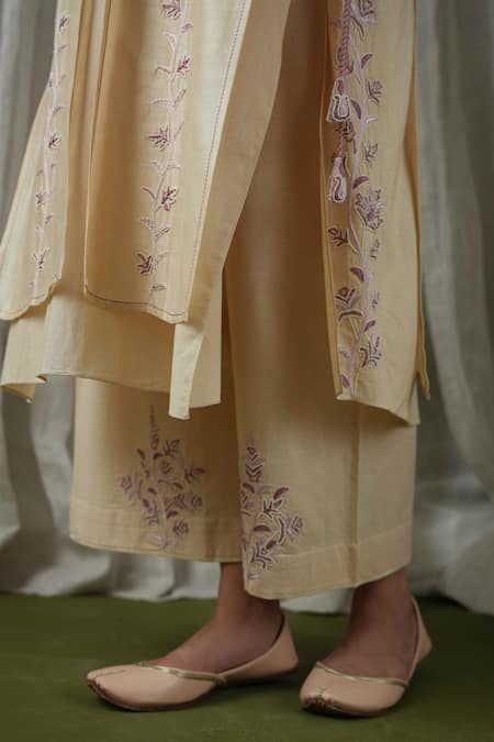 Shop Kanika Sharma Beige Chanderi, Cotton Pearls, Embroidery V-neck Layered Kurta And Pant Set Online at Aza Fashions Shop_Kanika Sharma_Beige Chanderi, Cotton Pearls, Embroidery V-neck Layered Kurta And Pant Set _Online_at_Aza_Fashions