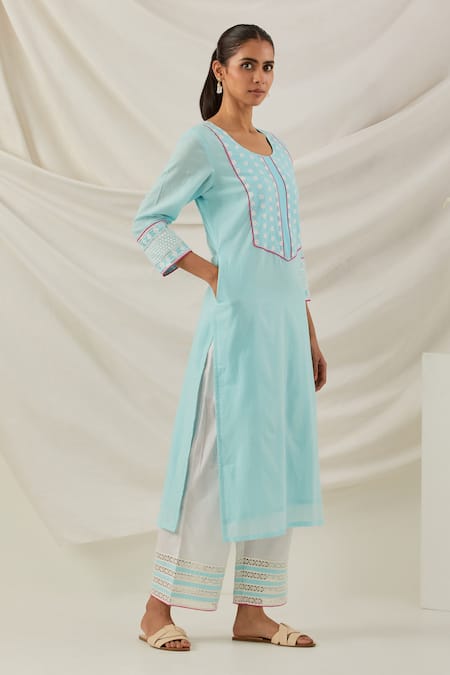 Shop_The Indian Cause_Blue Cotton Embroidery, Piping, Straight Kurta Set With Insert Contrast Dupatta_Online_at_Aza_Fashions