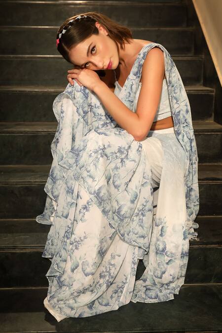 Shop_Tarini Vij_Blue Georgette Floral Sweetheart Neck Printed Sharara Layered Saree With Blouse _Online_at_Aza_Fashions