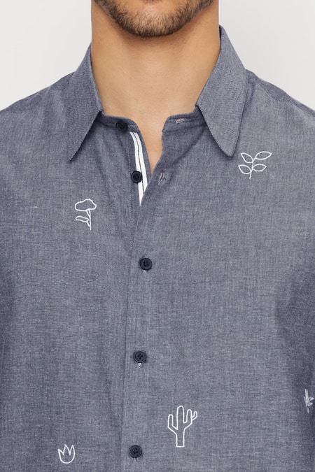 Shop Lacquer Embassy Blue Cotton Embroidery Abstract Motif Chambray Shirt Online at Aza Fashions Shop_Lacquer Embassy_Blue Cotton Embroidery Abstract Motif Chambray Shirt _Online_at_Aza_Fashions