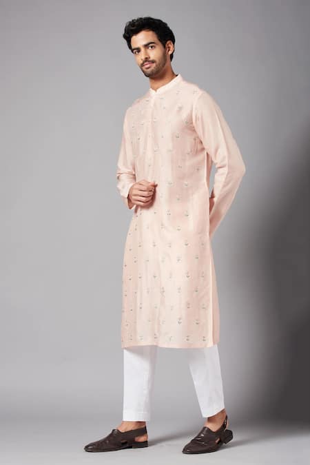 Buy_Hilo Design_Peach Cotton, Lycra, Silk Embroidery Moori Flower Kurta Set _Online_at_Aza_Fashions