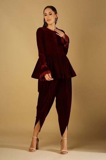 Shop_Monk & Mei By Sonia Anand_Maroon Velvet Lace Round Neck Embroidered Jacket And Dhoti Pant Set _Online_at_Aza_Fashions