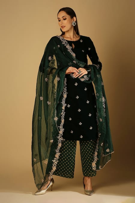 Shop_Monk & Mei By Sonia Anand_Green Velvet, Brocade, Georgette Embroidery Keyhole Neck Ruhani Kurta Set _Online_at_Aza_Fashions