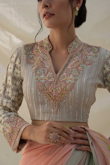 Shop Kanika Sharma Grey Georgette, Modal Sequins, Zari Double Shaded Saree With Embroidered Blouse Online at Aza Fashions Shop_Kanika Sharma_Grey Georgette, Modal Sequins, Zari Double Shaded Saree With Embroidered Blouse _Online_at_Aza_Fashions