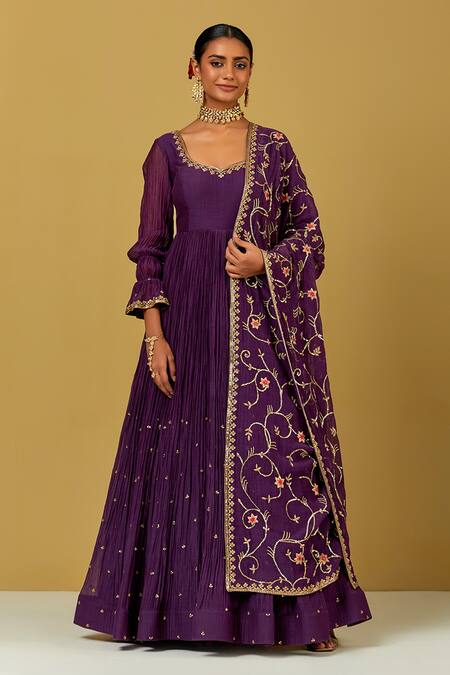 Shop Ikshita Choudhary Purple Chanderi Embroidery V-neck Anarkali With Dupatta Online at Aza Fashions Shop_Ikshita Choudhary_Purple Chanderi Embroidery V-neck Anarkali With Dupatta _Online_at_Aza_Fashions
