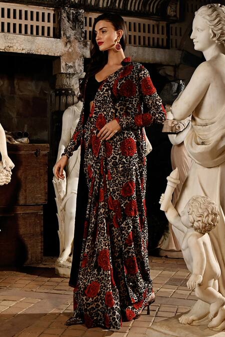 Shop_Sanam_Multi Color Silk, Organza V-neck, Open Marie Floral Pattern Jacket Saree Set _Online_at_Aza_Fashions