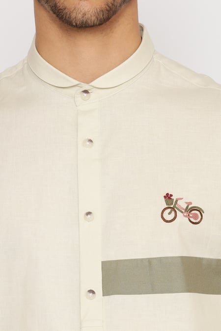 Shop_Lacquer Embassy_Green Cotton Embroidery Hand Bicycle Motif Shirt _Online_at_Aza_Fashions