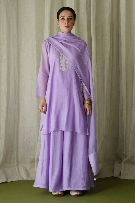 Shop Kanika Sharma Purple Silk, Georgette, Pearls, Placket Kurta Sharara Set Online at Aza Fashions Shop_Kanika Sharma_Purple Silk, Georgette, Pearls, Placket Kurta Sharara Set _Online_at_Aza_Fashions