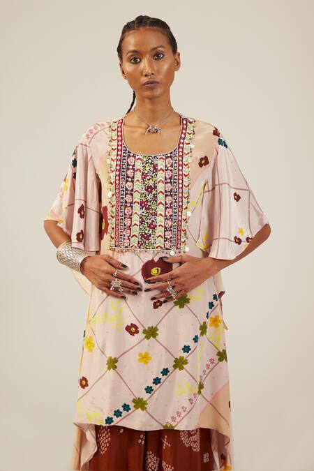 Shop_Amka_Beige Crepe Sequins, Beads Round Neck Ambar Printed Kurta And Sharara Set_Online_at_Aza_Fashions