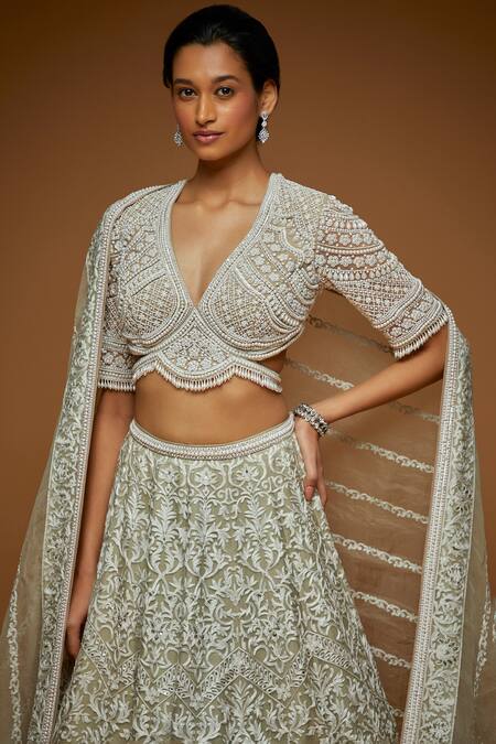 Shop_Neeta Lulla_Silver Organza, Tulle Beads, Embroidery Asymmetric Asmi Bridal Lehenga Set_Online_at_Aza_Fashions