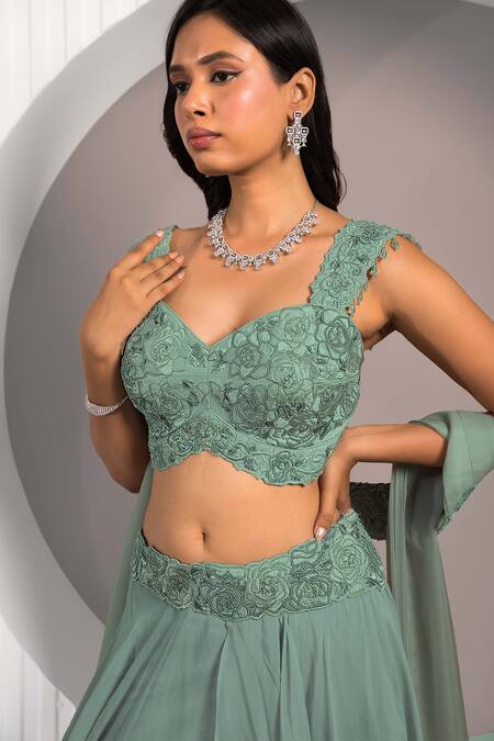 Shop_Jade By Ashima_Green Georgette, Crepe, Organza Beads, Ruffle Draped Skirt Blouse Set _Online_at_Aza_Fashions