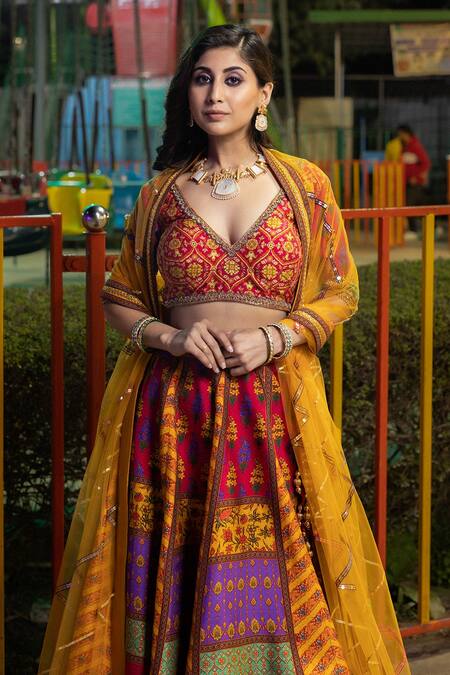 Shop Irrau By Samir Mantri Multi Color Net, Silk Sequins, Embroidery, Gota Printed Panelled Lehenga Set Online at Aza Fashions Shop_Irrau By Samir Mantri_Multi Color Net, Silk Sequins, Embroidery, Gota Printed Panelled Lehenga Set _Online_at_Aza_Fashions