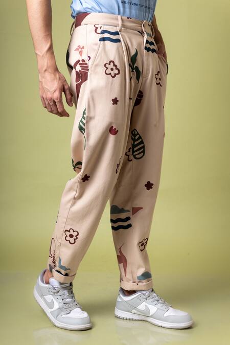 Shop_Doodlage_Beige Twill Printed Abstract Darius Pleated Pant_Online_at_Aza_Fashions