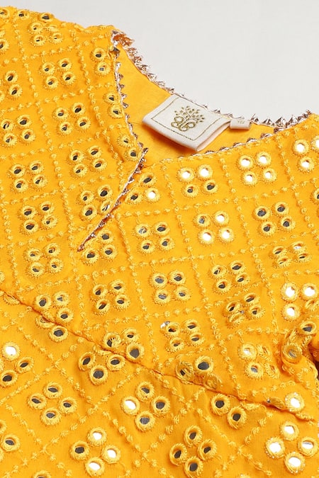 Shop_Byb Premium_Yellow Georgette, Silk Mirrors Work Blouse Skirt Set _Online_at_Aza_Fashions