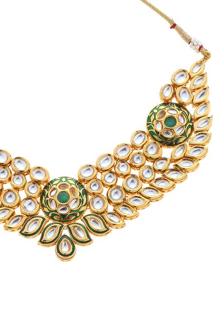 Minaki_Green Metallic Thread, Diamonds Meenakari Work Necklace Set_at_Aza_Fashions