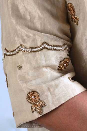 Shop_Shorshe Clothing_Ivory Handloom Cotton Embroidery, Lace Tissue Straight Kurta And Gharara Set _Online_at_Aza_Fashions