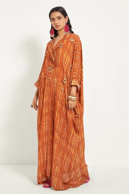 Shop_Style Junkiie_Orange Crepe Collared Printed Jumpsuit _Online_at_Aza_Fashions