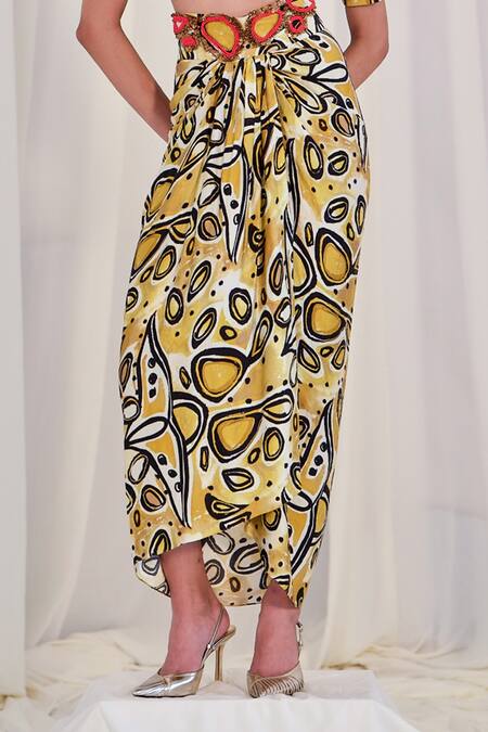 Shop AK-OK Black Silk Embroidery Round Neck Abstract Print Crop Top And Skirt Set Online at Aza Fashions Shop_AK-OK_Black Silk Embroidery Round Neck Abstract Print Crop Top And Skirt Set _Online_at_Aza_Fashions