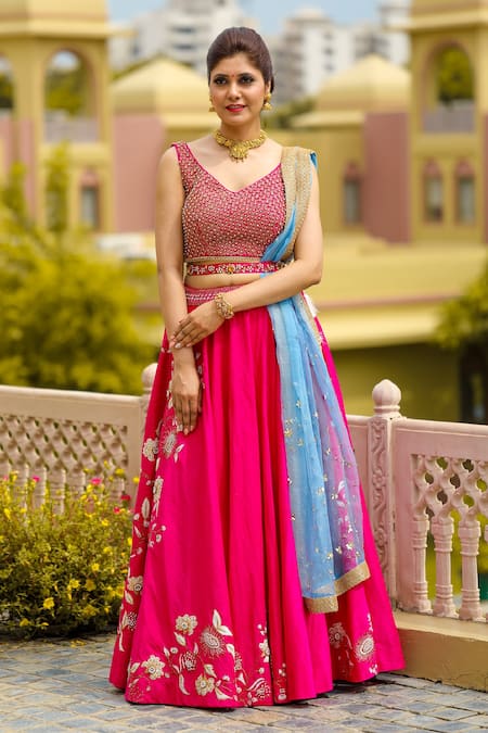 Shop_Kanj By Priyanka A Sakhuja_Magenta Raw Silk Dori, Pearl And Cutdana Work V Zairah Embroidered Lehenga Set _Online_at_Aza_Fashions
