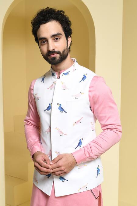 Shop_Kustomeyes_White Cotton Embroidery Bird Bundi And Kurta Set _Online_at_Aza_Fashions