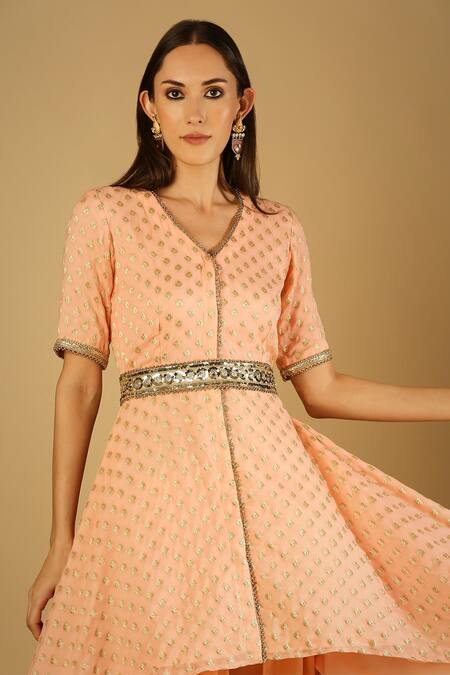 Buy_Monk & Mei By Sonia Anand_Peach Velvet, Brocade, Georgette Sequins, Zari Tamanna Kurta And Dhoti Pant Set _Online_at_Aza_Fashions