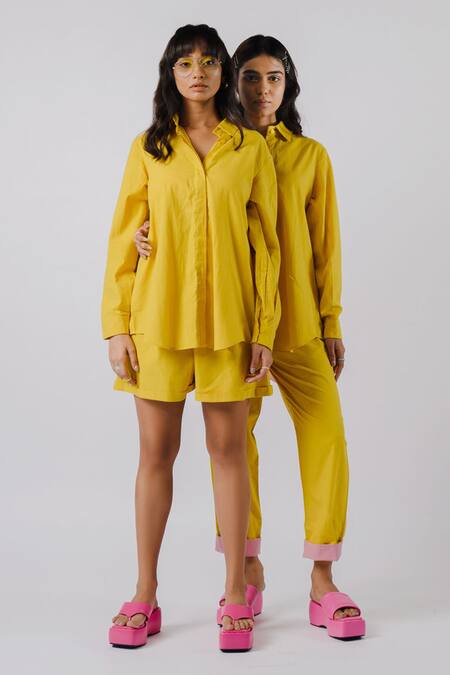 Shop_Tussah By Siddhi Shah_Yellow Cotton Bows Collared Solid Back Tie-up Shirt And Shorts Set _Online_at_Aza_Fashions