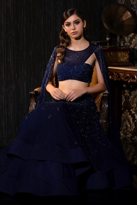 Shop_SHILPI GUPTA_Blue Net Beads Round Neck Cape Sleeved Blouse And Lehenga Set _Online_at_Aza_Fashions