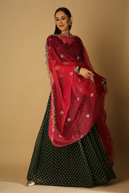 Shop_MONK & MEI BY SONIA ANAND_Green Organza, Velvet, Brocade Embroidery, Zari V-neck Roza Woven Lehenga Set _Online_at_Aza_Fashions