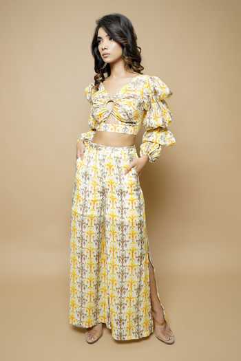 Shop_Ahi Clothing_White Cotton Silk Block Print V Neck Floral Crop Top And Flared Pant Set_Online_at_Aza_Fashions
