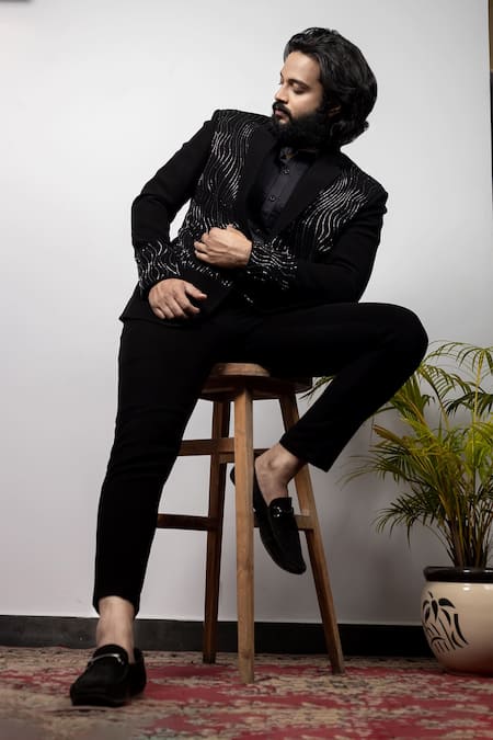 Shop_Hilo Design_Black Imported Suiting Embroidery Cutdana Alish Blazer _Online_at_Aza_Fashions